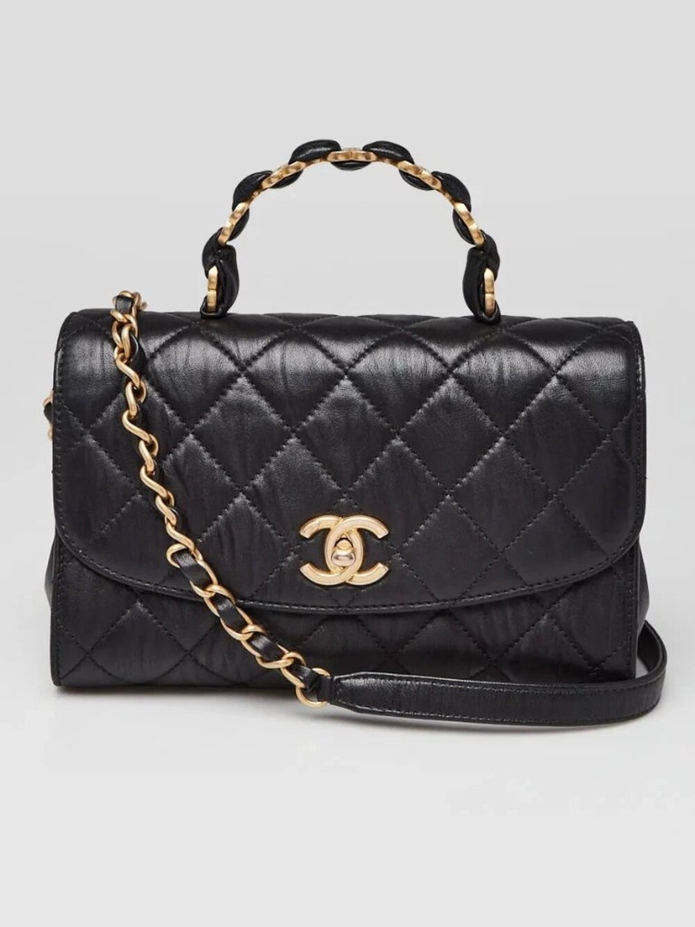 Chanel Black Quilted Crumpled Lambskin CC Links Top Handle Flap Bag